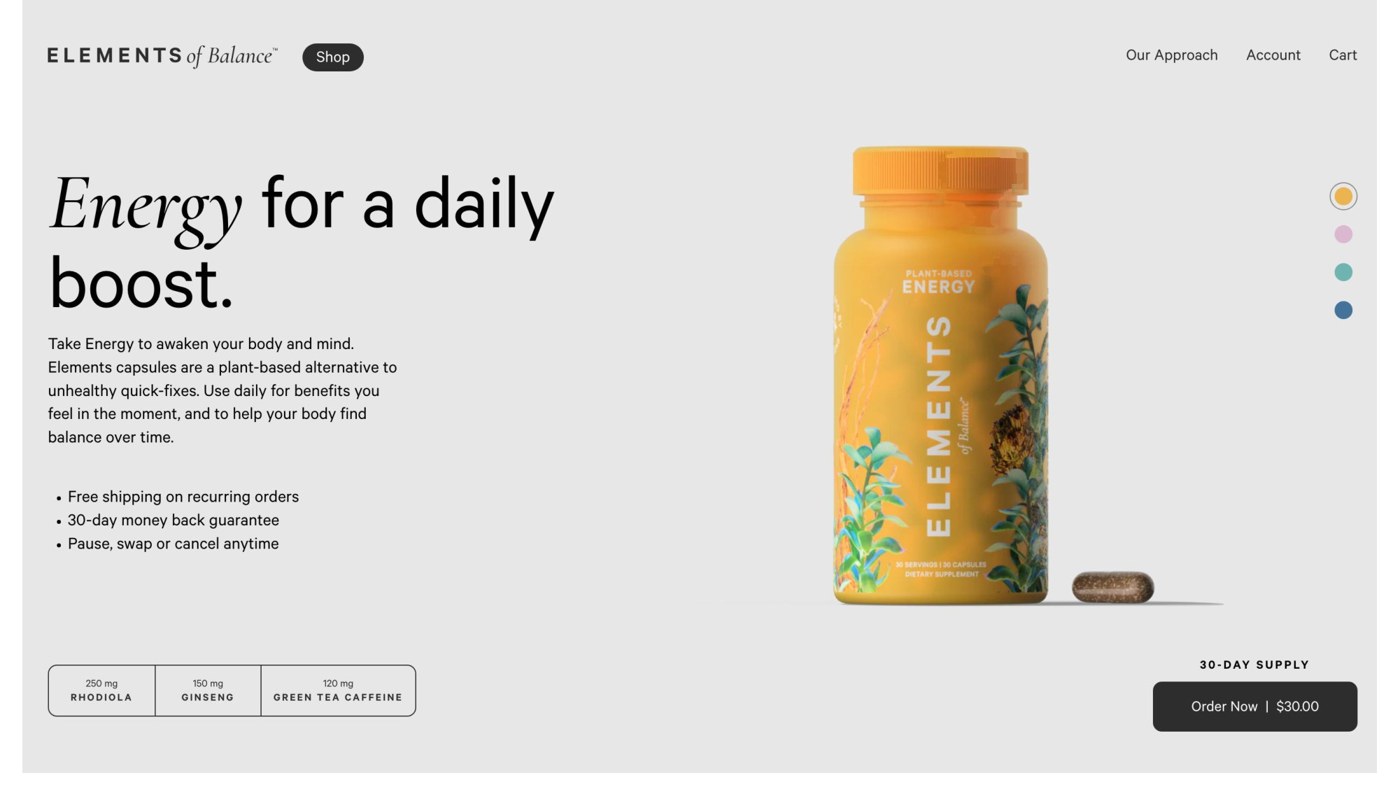 Editorial full-width hero: bottle, single capsule, dose chips