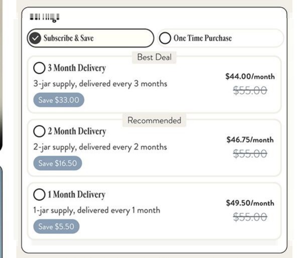 Delivery-cadence tiers with Best Deal and Recommended labels