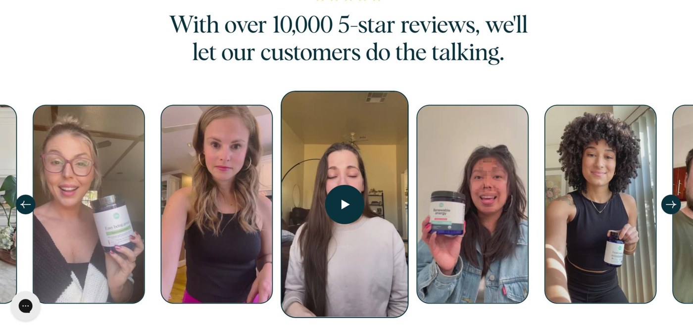 Headline review-count plus centred customer video carousel