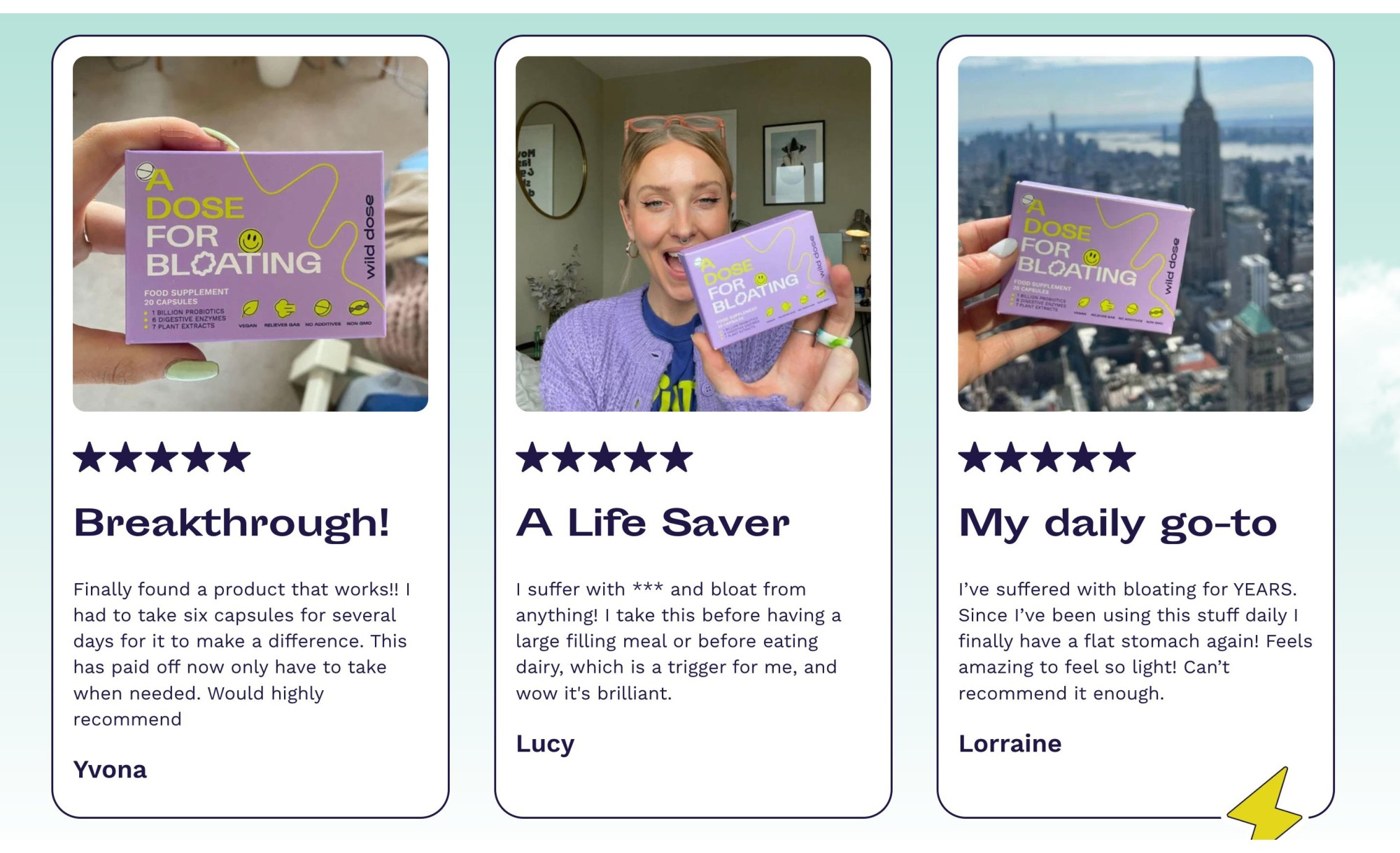 Photo-led review cards with bold headline per review